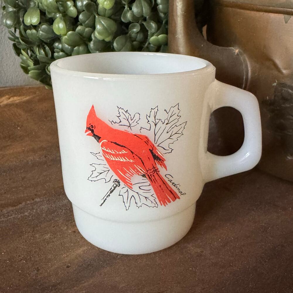 Fire King Milk Glass Bird Coffee Cup Cardinal Oriole Mug Anchor Hocking USA